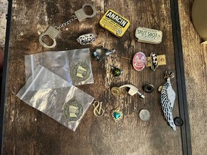 Variety of Vintage Jewelry, Collectibles and Hobby Items including Anacin Tin and Handcuffs