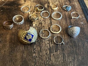 Lot of various silver and gold rings, including ornate designs and a large decorative shield-style ring and wolf insignia ring