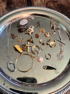 Lot of Jewelry Items Including Earrings, Rings, Necklace with Various Designs and Materials