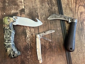 Mossy Oak Folding Gut Hook Knife, Multi-blade Pocket Knife, and J. Russell & Co. Knife