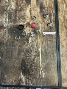 Lot of Mixed Jewelry Items Including Rings, Necklace, and Earrings