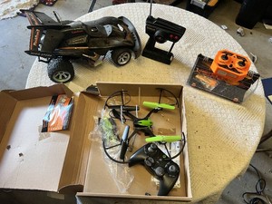 Green & Black Drone with Controller, Night Hunter Helicopter, and Flashtron RC Car with Remote - Untested