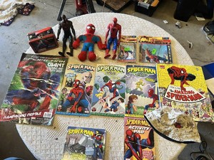 Spider-Man Toys and Books Collection featuring Action Figures, Comics, Coloring Books, and Activity Pads