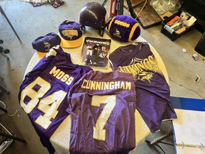 Minnesota Vikings Fan Collection including Moss and Cunningham Jerseys, Hats, and Memorabilia