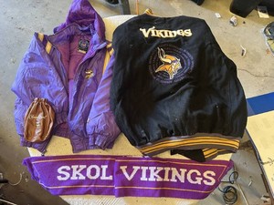 Minnesota Vikings Apparel Lot including Jackets, Scarf, and Bag - One Jacket M 10-12, 2 are XXL