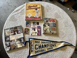 Lot of Baseball Memorabilia Including Books, Trading Cards, and Championship Pennant