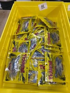 Retail Lot of 50 pkgs - TICKLETAIL GRUBS - Northland Tackle soft bait - pinkbluesilberblack dot