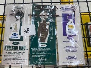 VINTAGE KEYCHAINS - Salesman Samples - new in clear vinyl pouch