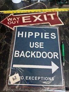 CUTE PAIR OF TIN SIGNS - HIPPIES USE BACK DOOR. & WAY OUT Arrow