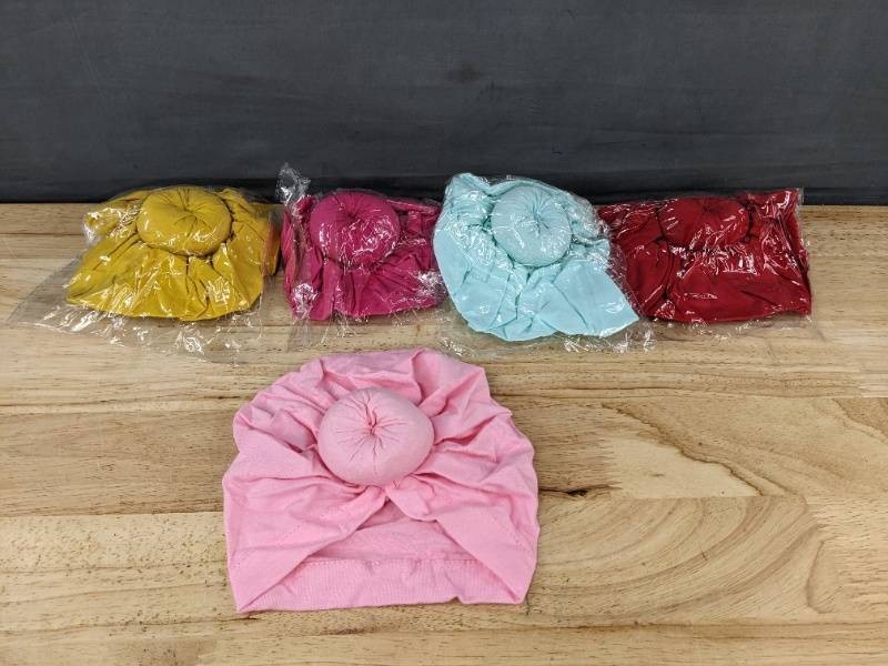 5 Pack Baby Turban Hats Donut Caps, Assorted Colors - Brand New