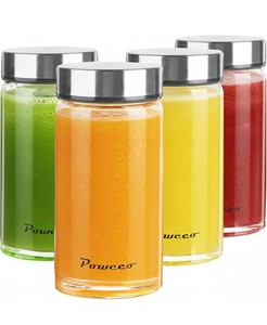 Powcco Glass Juice Bottles 12 Oz With Lids, 4 Total - Brand New