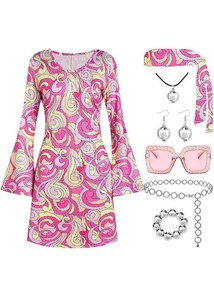 Hippie Disco Womens Long Sleeve Dress Costume, Size Small, With Accessories - Brand New