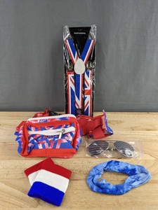 Patriotic Accessories Sunglasses, Suspenders, Wristbands, Headband, Fanny Pouch, Red White & Blue - Brand New