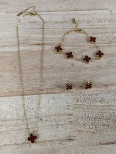 18K Gold Four Leaf Clover Necklace 16, Bracelet 9, & Earrings, Red & Gold - Brand New
