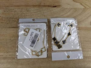 Clover 18K Gold Plated Sterling Silver Necklace, Bracelet, & Pierced Earrings, Black & White, 2 Sets - Brand New