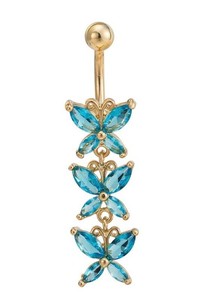 JATA Fook Fancy Triple Butterfly Blue Cubic Zirconia Surgical Steel Belly Button Ring - Brand New