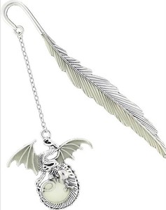 Glow in the Dark Feather Dragon Bookmark, Silver Tone - Brand New