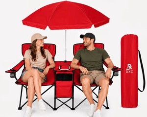 Double Folding Red Camping Chair with Umbrella, Built in Cooler Bag and Dual Cup Holders - Brand New