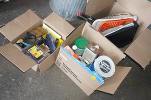 Assorted Painting Tools and Supplies - Rollers, Paint, Brushes