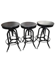 Set of 3 Industrial Metal Bar Stools Featuring an Adjustable Height Mechanism