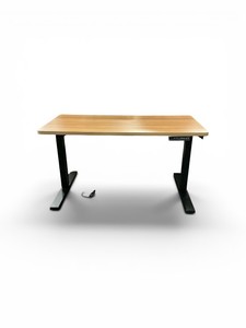 Blonde Wood Veneer Sit-Stand Power table With Gray Metal Base