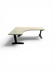 White L Shaped Sit-Stand Power Desk with Black Base