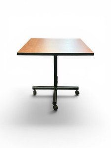 Square Mahogany-finished Breakroom Table with a black metal X-base on casters