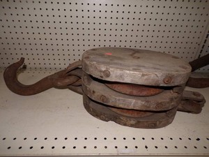 Huge Vintage  Wood Double Pully with Hook