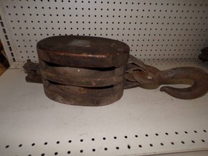 Huge Vintage  Wood Double Pully with Hook