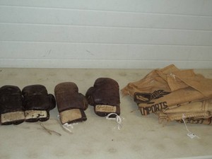 2 pair of Vintage Boxing Gloves and Canvas Sacks with Markings