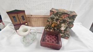 Fenton Lotus Mint Burmese Pitcher, Doll House Cabinet, Dec Boxes