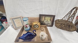 Fenton Inspired Milk Glass Painted Vase, Sewing Basket, Blue Swan Dish, Misc