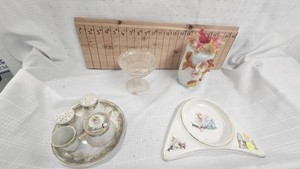 Nippon Hand Painted Tea Set, Pulled Glass Vase with Ruffled Edge