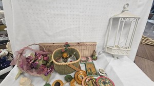 Baket and Lot of Various Tea set pieces, Porcelain and metal
