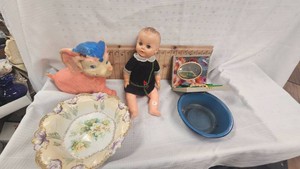Rubber elephant toy, vintage Manicure Set, Dolls and Dishes