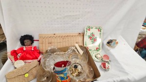 Vintage Ivory Pearl Beaded Clutch, Midcentury, Metal Tea Tray and Etc