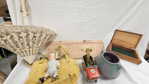 1940s Vintage Art Manufacturing Co GI Joe Tin Toy, Vintage Purse and Decore