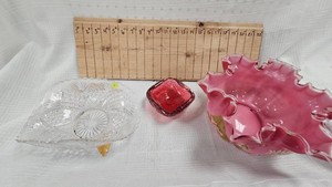 Fenton Pink Silver Crest Ruffled Bowl and Misc Glassware