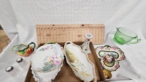 Uranium Glass Measuring Cup and Vintage Dishes