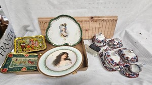 Blue and White Floral Motiff Childs Tea Set and Vintage Pictures