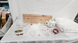 Nesting Chicken Top, Lace Tablecloth, Teapot, Napkin Holder