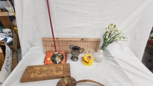 Hobnail Milk Glass Vase, Wood Tie Box, Toy Vacuum, etc