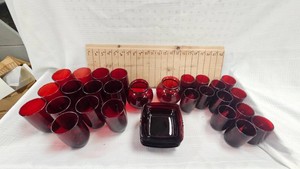 Depression Era Ruby Red  Dishes-12 Juice Glasses, 13 Water Glasses, 2 Rose Bowls
