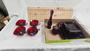 Depresstion Era Ruby Red Tea Set-4 Plates,Saucers, Cups and VinegarOil Set