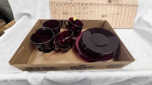 Depresstion Era Ruby Red Tea Set-4 Plates,Saucers, Cups and SugarCreamer