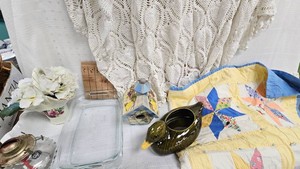Glasss Loaf Pans, Crocheted Tablecloth