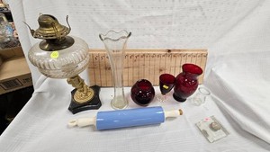 Cherub Oil Lamp, Ceramic Rolling Pin, Ruby Colored Dishes