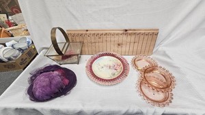 Glass Basket, 3 Imperial Glass Trinket Dishes and Tea ClothLace