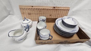 Delft Blau Tea Set, 6 Plates, Saucers, Cups and Sugar Creamer
