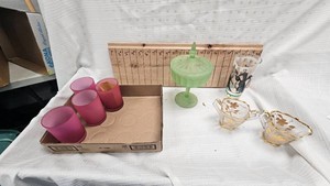 Satin Cranberry Glasses, Green Satin Candy Dish, etc